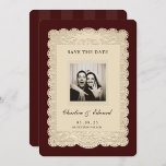 Vintage Paper Lace Burgundy Save the Date<br><div class="desc">Announce your special date with timeless vintage charm using this elegant photo Save the Date card. Featuring a romantic lace-inspired frame, a warm burgundy background, and a classic photo layout, this design blends old-world elegance with a personal touch. Perfect for vintage, romantic, or classic weddings, this save the date card...</div>