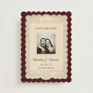 Vintage Paper Lace Burgundy Save the Date