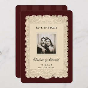 Vintage Paper Lace Burgundy Save the Date Invitation