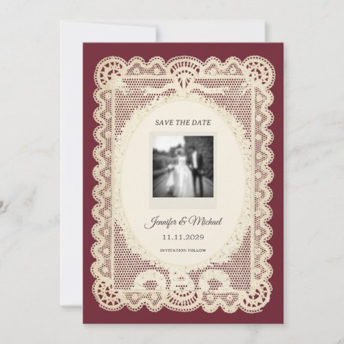Vintage Paper Lace Burgundy Wedding Save The Date