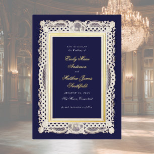 Vintage Paper Lace Photo Wedding Save Date Gold Foil Invitation
