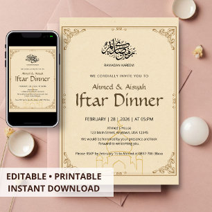Vintage Paper Mosque Line Art Ramadan Iftar Dinner Invitation