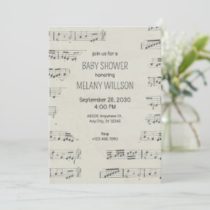 Vintage paper musical notes baby shower invitation