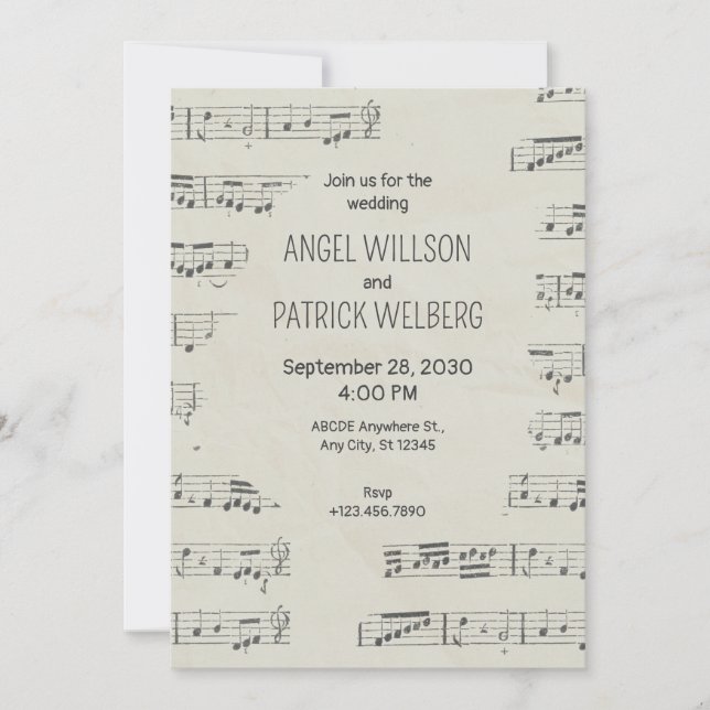 Vintage paper musical notes wedding  invitation (Front)