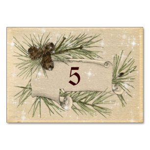 Vintage Paper, Pine cones, Christmas, Wedding. Table Number
