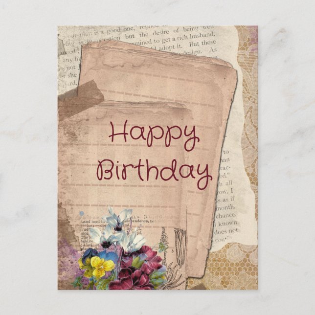 Vintage Papers and Flowers Happy Birthday Postcard (Front)