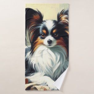 Vintage Papillon Dog Painting Bath Towel