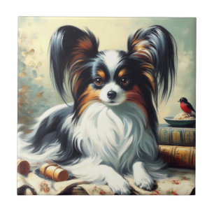 Vintage Papillon Dog Painting Ceramic Tile