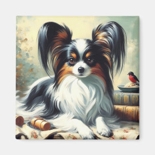 Vintage Papillon Dog Painting Magnet