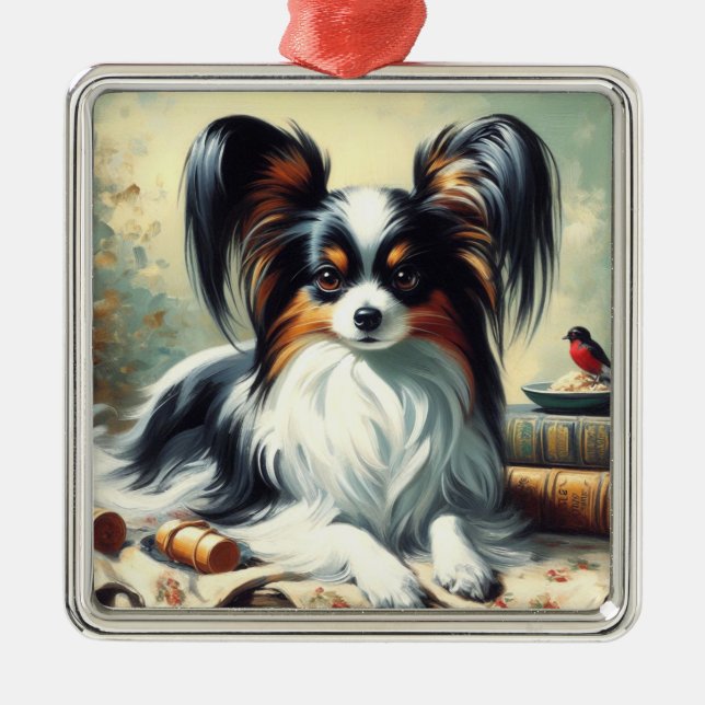 Vintage Papillon Dog Painting Metal Ornament (Front)