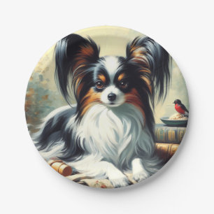 Vintage Papillon Dog Painting Paper Plates