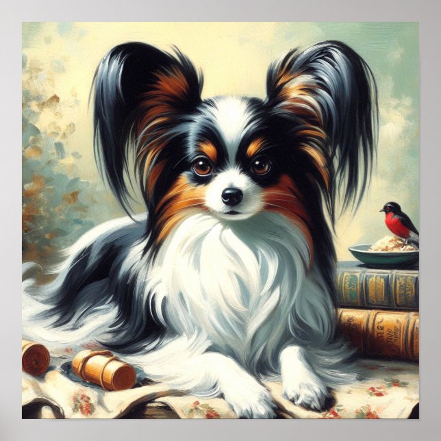 Vintage Papillon Dog Painting Poster (Front)