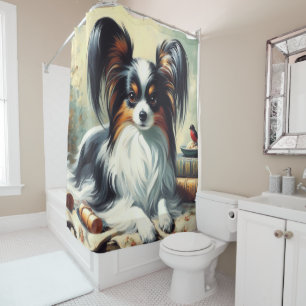 Vintage Papillon Dog Painting Shower Curtain