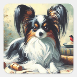 Vintage Papillon Dog Painting Square Sticker