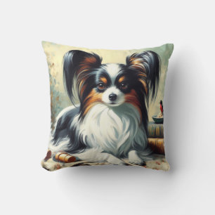 Vintage Papillon Dog Painting Throw Pillow