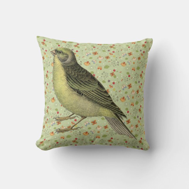 Vintage Parakeet on Folk Art Pattern Throw Pillow (Front)