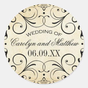 Vintage Parchment Black Flourish Monogram Wedding Classic Round Sticker