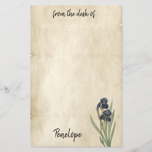 Vintage Parchment Botanical Irises with Name Stationery