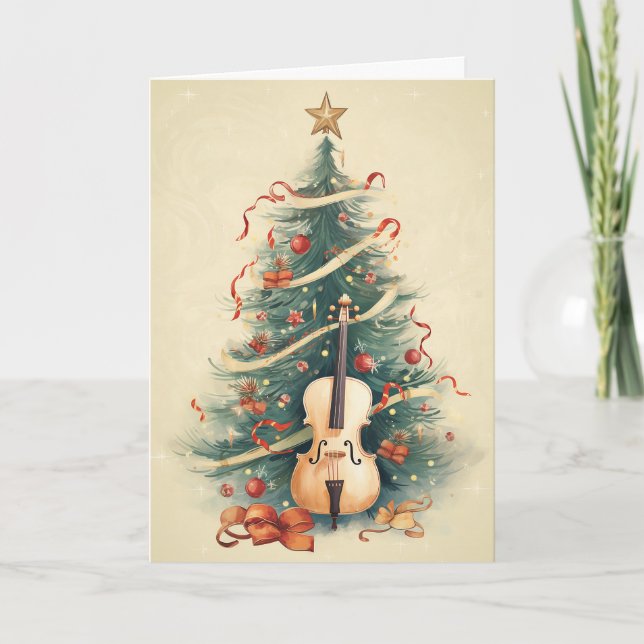 Vintage Parchment Christmas Tree and Cello Holiday Card (Front)
