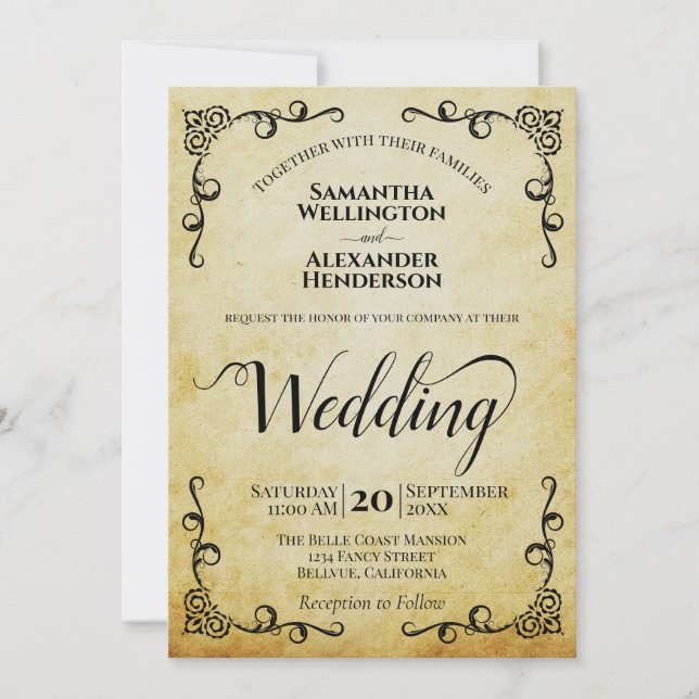 Vintage Parchment Elegant Calligraphy Wedding Invitation (Front)