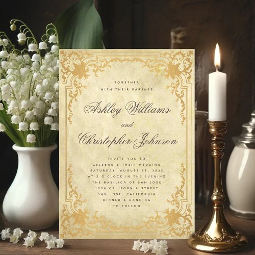 Vintage Parchment Faux Gold Ornate Elegant Wedding Invitation