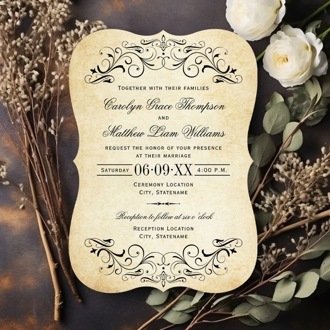 Vintage Parchment Flourish Bracket Wedding Invitation (Creator Uploaded)