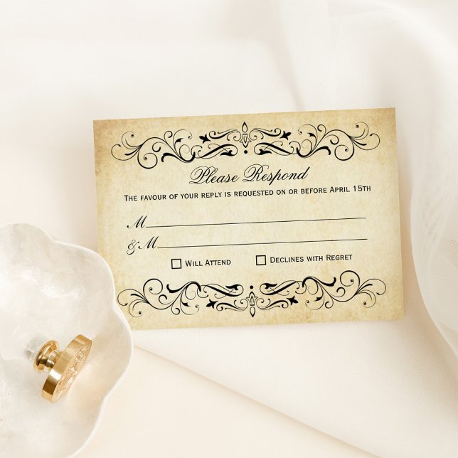 Vintage Parchment Flourish Please Respond RSVP Card (Creator Uploaded)