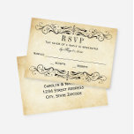 Vintage Parchment Flourish Wedding RSVP Card<br><div class="desc">A coordinating RSVP postcard featuring ornate black scrollwork flourishes on an aged parchment paper background, with a pre-addressed back panel for convenient guest mailing. This postcard format offers postage savings while maintaining the antique charm of the matching parchment suite. The reply date, return address, and all response wording are fully...</div>