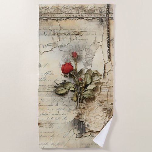 Vintage Parchment Love Letter with Flowers 10 Beach Towel