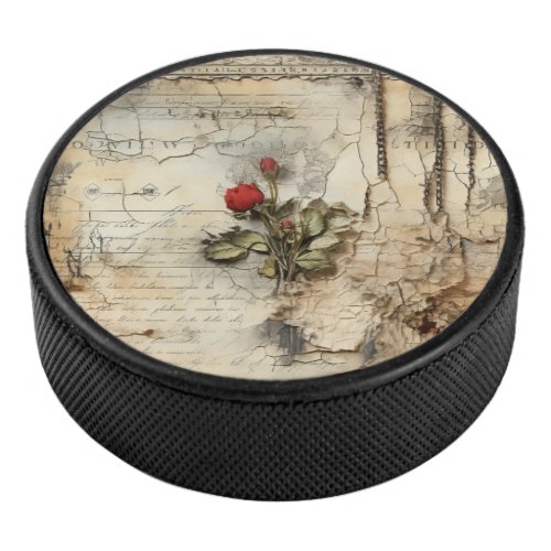 Vintage Parchment Love Letter with Flowers 10 Hockey Puck
