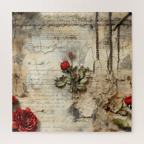 Vintage Parchment Love Letter with Flowers 10 Jigsaw Puzzle