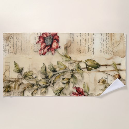 Vintage Parchment Love Letter with Flowers 1 Beach Towel