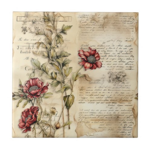 Vintage Parchment Love Letter with Flowers 1 Ceramic Tile
