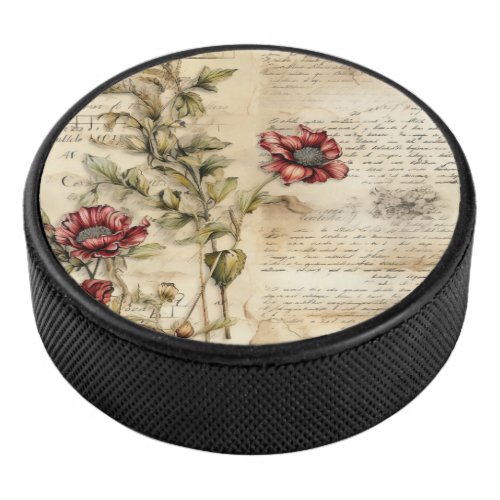 Vintage Parchment Love Letter with Flowers 1 Hockey Puck
