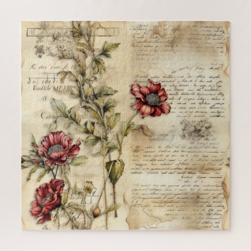 Vintage Parchment Love Letter with Flowers 1 Jigsaw Puzzle