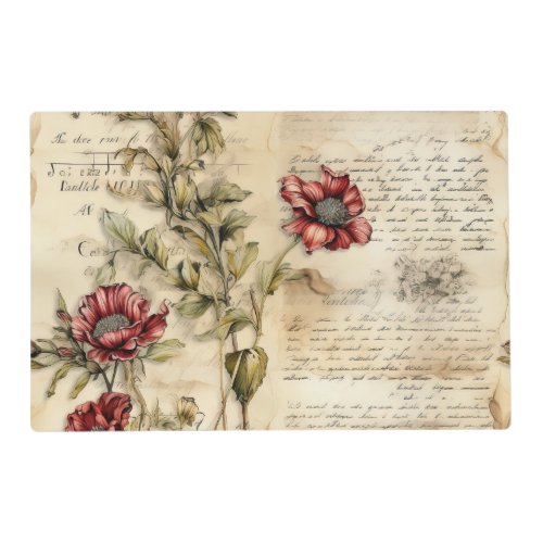 Vintage Parchment Love Letter with Flowers 1 Placemat