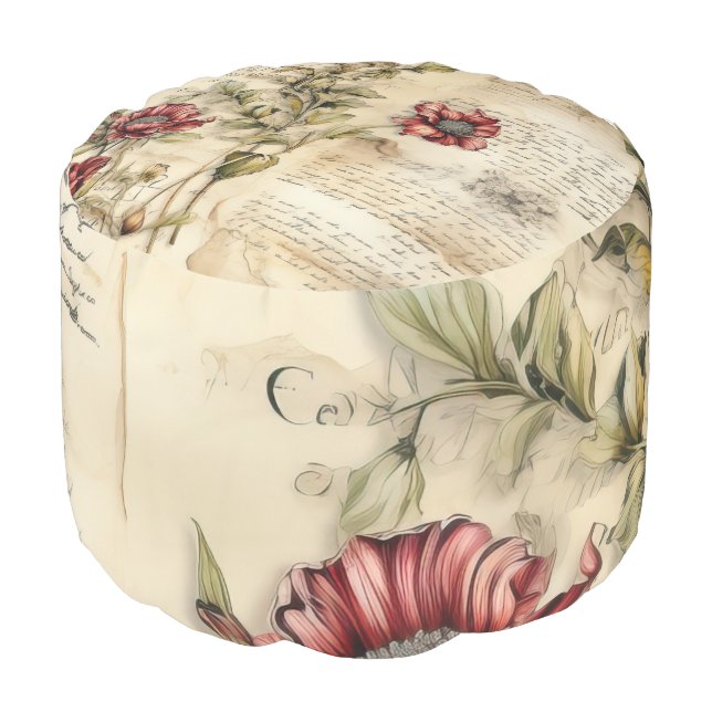 Vintage Parchment Love Letter with Flowers (1) Pouf (Angled Back)