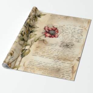 Vintage Parchment Love Letter with Flowers (1) Wrapping Paper