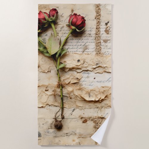 Vintage Parchment Love Letter with Flowers 2 Beach Towel