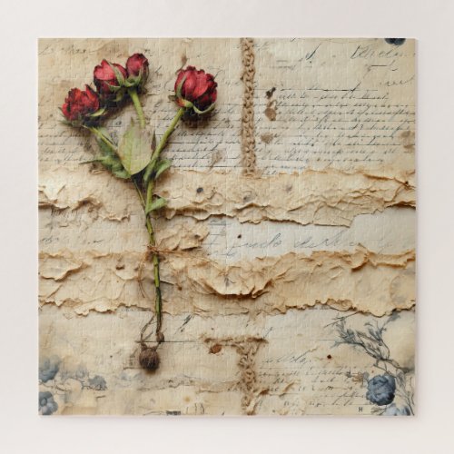 Vintage Parchment Love Letter with Flowers 2 Jigsaw Puzzle