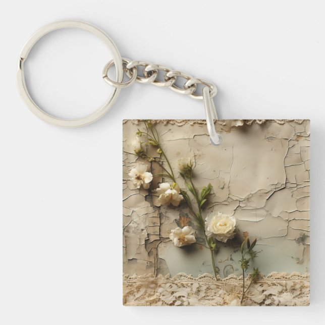 Vintage Parchment Love Letter with Flowers (3) Keychain (Front)