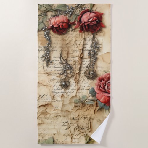 Vintage Parchment Love Letter with Flowers 4 Beach Towel