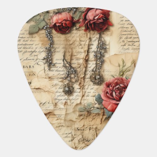 Vintage Parchment Love Letter with Flowers 4 Guitar Pick