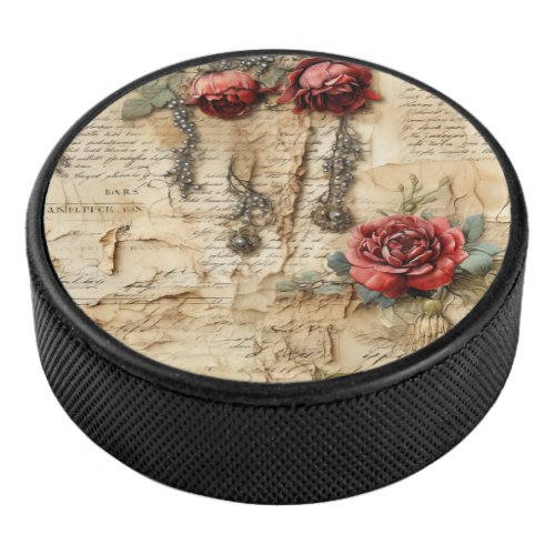 Vintage Parchment Love Letter with Flowers 4 Hockey Puck