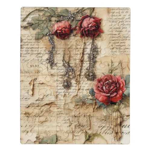 Vintage Parchment Love Letter with Flowers 4 Jigsaw Puzzle