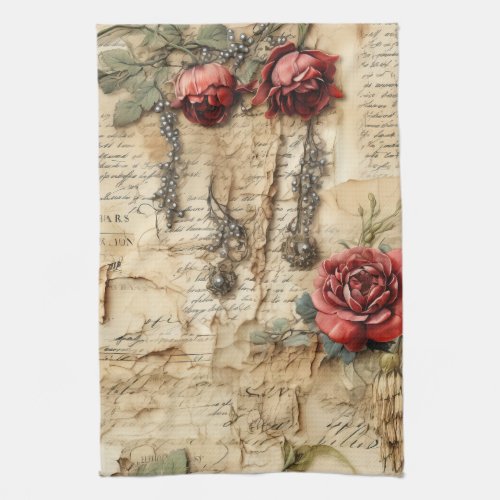 Vintage Parchment Love Letter with Flowers 4 Kitchen Towel