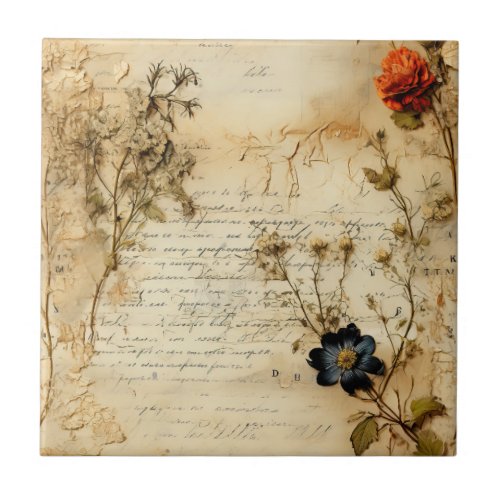 Vintage Parchment Love Letter with Flowers 5 Ceramic Tile