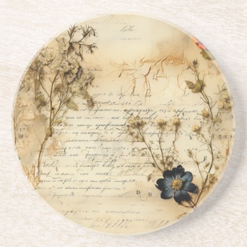 Vintage Parchment Love Letter with Flowers 5 Coaster