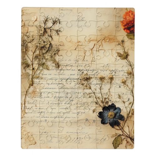 Vintage Parchment Love Letter with Flowers 5 Jigsaw Puzzle