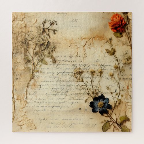 Vintage Parchment Love Letter with Flowers 5 Jigsaw Puzzle